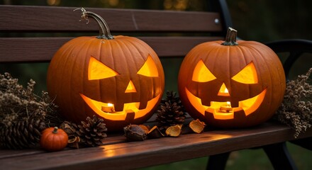 Fototapeta premium Two illuminated jackolanterns sit on a wooden bench surrounded by autumn decorations