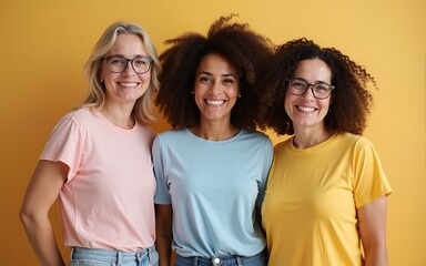 Mature happy multiracial women wearing t-shirts posing at camera. High quality