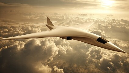 Futuristic jet plane soars above golden clouds