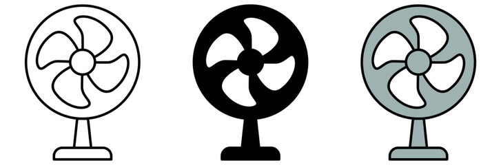 An illustration featuring three distinct designs of a desk fan, showcasing different styles and colors