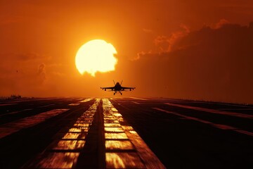 Silhouette jet landing at sunset over a runway