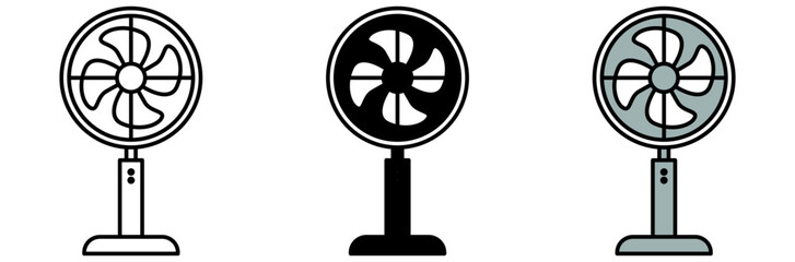 Three illustrations of an electric fan with different styles: black, white outline, and grey color fan