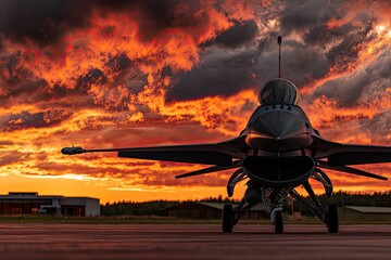 Fighter jet at sunset. Fiery clouds frame a dark jet on a tarmac