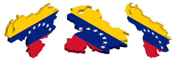 3D isometric illustration map of  Venezuela is shown with the national flag as a cover. The illustration includes isometric views from the top, left, and right.