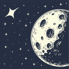 Bold Black Crescent Moon with White Star Dots on White Background Modern Graphic Design for Celestial Themes