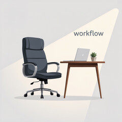 A stylized illustration of an office scene featuring a leather executive chair and a wooden desk with a laptop, accompanied by the word workflow