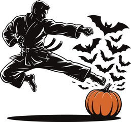 Halloween karate fighter pumpkin kick silhouette vector © Masud