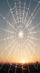 Obraz premium A metaphor for a robust and interconnected business network, a glowing spiderweb holds together perfectly, showcasing strength and design.
