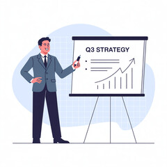 A businessman is presenting the q3 strategy on a whiteboard, showcasing growth and planning, he is pointing with a pen