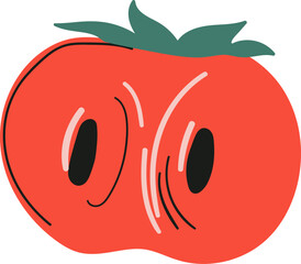 A cartoon tomato with a face red body green leaves