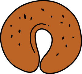 A cartoonstyle drawing of a round brown bagel with black specks