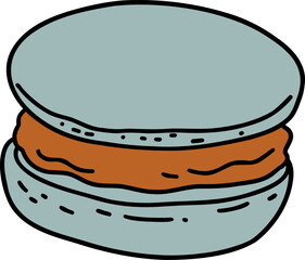 A cartoon of a gray macaron with orange filling