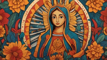 Obraz premium Stunning vibrant illustration of the Virgin Mary surrounded by beautiful flowers, perfect for adding a touch of elegance to your project