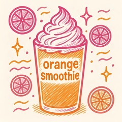 オレンジスムージーのベクターイラスト。テイクアウトカップに入ったフルーツドリンクで、カフェメニューやヘルシーフードのデザインに使いやすいかわいいスタイル
