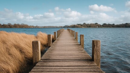 Obraz premium Tranquil Wooden Dock Overlooking Serene Lake with Lush Grass and Clear Blue Sky in a Peaceful Natural Landscape