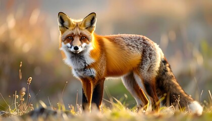 Fototapeta premium A stunning digital illustration of a red fox standing in a field during the golden hour. Its detailed fur and alert expression are beautifully captured in the soft, warm light.