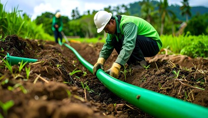 Two workers are shown in a lush, green field, one is focused on laying a bright green irrigation hose in a trench, with the other working in the background.