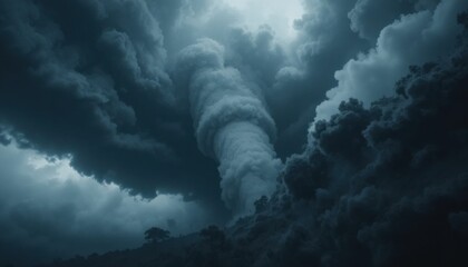 A cinematic shot of a tornado, with dramatic lighting casting shadows within the storm clouds, all isolated on a simple white background.