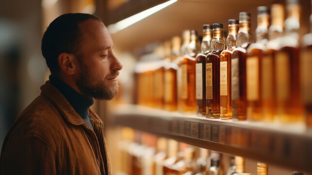 Thoughtful man examining whiskey bottles on shelf in well-lit liquor store with warm ambiance and rich golden hues highlighting the spirits - Powered by Adobe