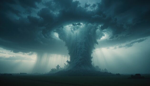A cinematic shot of a tornado, with dramatic lighting casting shadows within the storm clouds, all isolated on a simple white background.