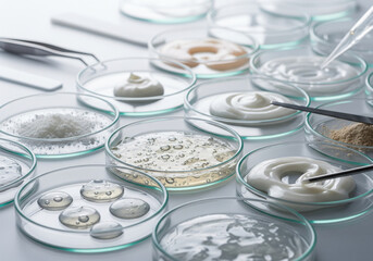 Skincare Laboratory Cosmetic Ingredients, Cream Samples, Scientific Research, Glass Petri Dishes, Beauty Product Analysis, Cosmetic Science.