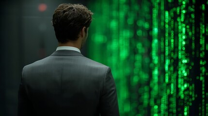 Businessman Observing Data Stream on Wall