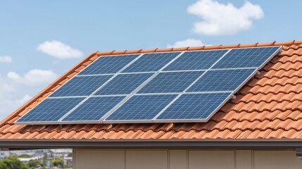Naklejka premium Solar panels installed on a residential roof with blue sky and clouds in the background for sustainable energy and eco-friendly living