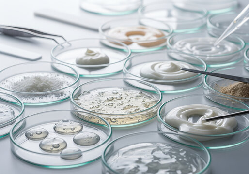 Skincare Laboratory Cosmetic Ingredients, Cream Samples, Scientific Research, Glass Petri Dishes, Beauty Product Analysis, Cosmetic Science.