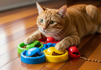 Naklejka na ściany i meble Orange Tabby Cat Playing With Puzzle Feeder, Cat Food, Healthy Diet, Pet Enrichment, Home, Wood Floor.