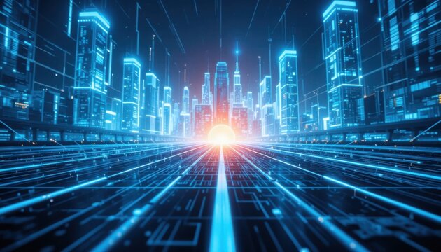 A digital graphic image depicting a futuristic smart city in a cyberpunk or digital world style.