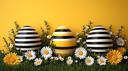 Striped Easter Eggs with Daisies on Yellow Background