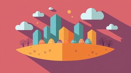 Naklejka premium Flat Design Cityscape with Easter Eggs