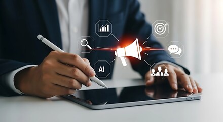 A Digital Marketing and Advertising with AI Technology and Megaphone Icon