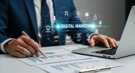 A Digital Marketing Strategy Concept with Businessman Using Laptop and Analytics Charts, SEO, Social Media, Online Advertising and Data Analysis Technology