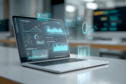 未来的なデータ分析ダッシュボードとノートパソコン