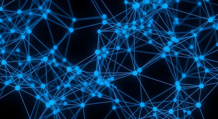 Abstract background of glowing blue interconnected nodes and lines on a dark background, representing a digital network or data structure, with a futuristic and technological feel