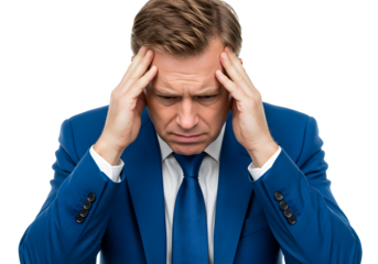 Man in blue suit with hands on temples looking stressed or worried, isolated on white background