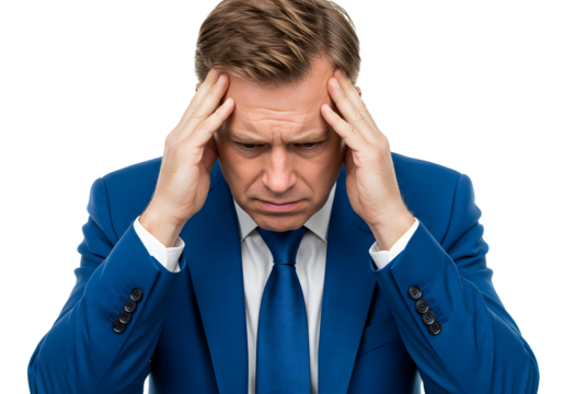 Man in blue suit with hands on temples looking stressed or worried, isolated on white background - Powered by Adobe