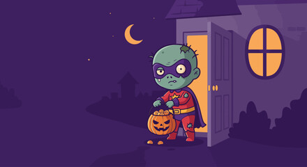 A charming flat design illustration of a friendly zombie child in a costume, enthusiastically trick-or-treating with a pumpkin pail full of candy. This modern 2D vector graphic captures the fun.
