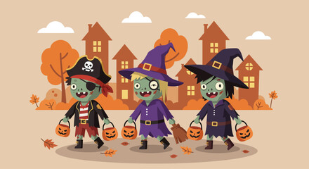 A delightful flat design illustration depicting a group of adorable zombie children in costumes, happily walking down a street for trick-or-treat. This vibrant 2D vector art captures the communal joy.