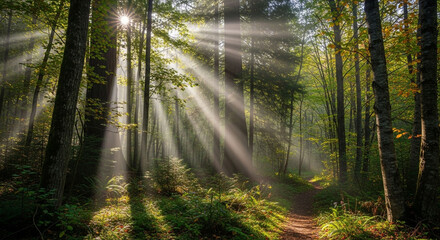 Obraz premium Sunlight through trees forest nature landscape scenic woodland morning light sunbeams peaceful environment