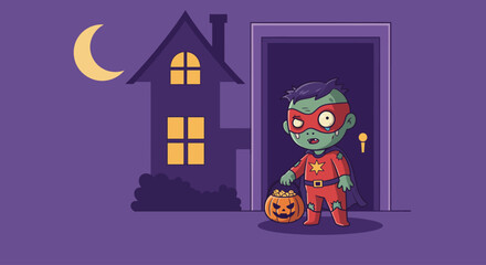 A charming flat design illustration of a friendly zombie child in a costume, enthusiastically trick-or-treating with a pumpkin pail full of candy. This modern 2D vector graphic captures the fun.