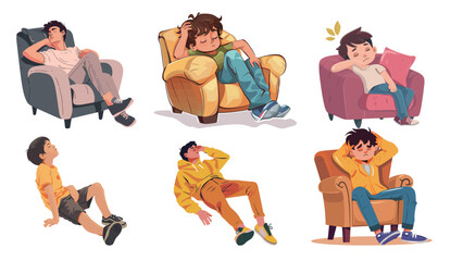 Lazy bored teenage boy sitting idly, feeling unmotivated and relaxed at home or school illustration