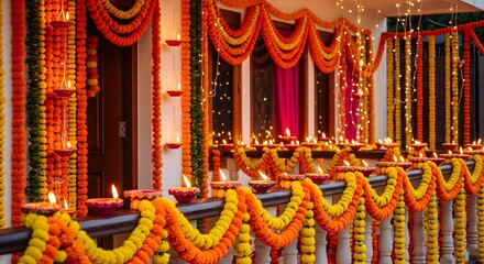 Traditional Diwali Home Decoration with Diyas and Marigold Garlands