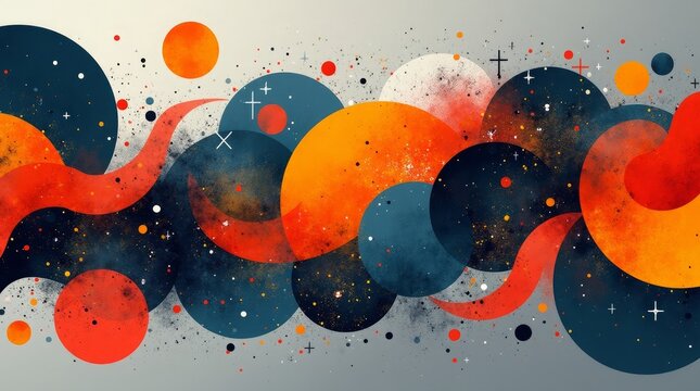 Abstract Composition of Orange Blue and Red Circles with Splatter
