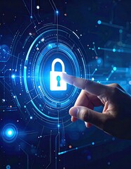 Hand touching digital lock icon.  Futuristic security interface