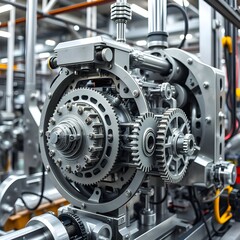 Close-up of a complex industrial machine with intricate gears, cylinders, and metal components in a factory setting.
