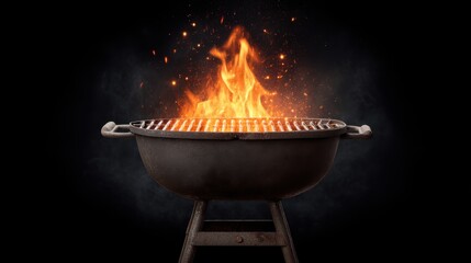 Intense Flames Erupting from an Outdoor Barbecue Grill on a Dark Background Perfect for Summer Cookouts and Grilling Activities