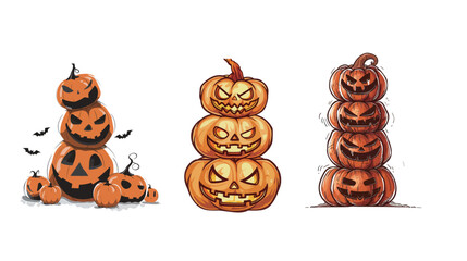 Stacked pumpkins forming a scary Halloween totem pole with carved faces, spooky autumn decoration illustration