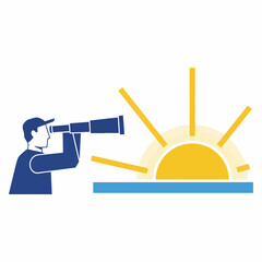 Flat vector 2D icon — illustration of a person with a telescope looking at a rising sun, symbolizing focus shaping the future